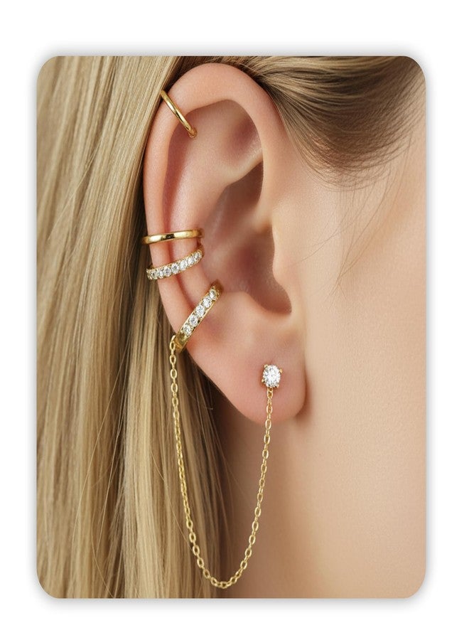 PEALICIOUS سلسلة أساور أذن PEALICIOUS للنساء، 3 قطع ذهبية اللون مع أقراط مزيفة، طقم أقراط متعددة الطبقات، مشابك أذن حلزونية مزيفة مع مشبك زركونيا مكعب على غضروف الأذن كهدية عيد ميلاد لابنتك - Image 1
